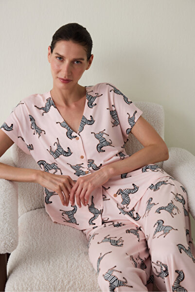 Penti Aging Light Pink Collagen Effect Shirt Collar Pajama Set