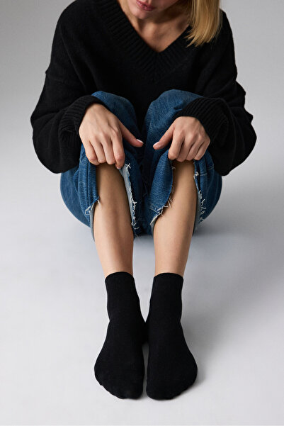 GRIMELANGE Briege Half Socks Plain Bamboo Women's Socks 3 Pack Black Socks