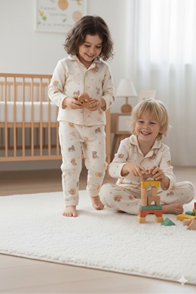 Womi Kids Mevsimlik Ayıcıklı Sweet Dreams Yazılı Önü Düğmeli Müslin Çocuk Pijama Takımı