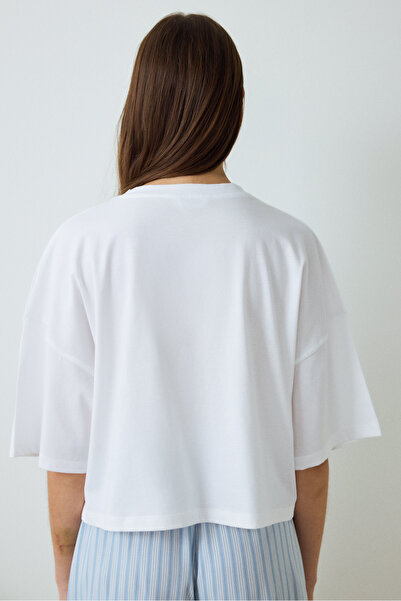 Penti Top de pijama din bumbac crop cu imprimeu slogan, alb optic, liliac