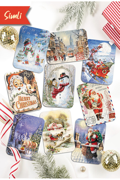 Mia Pera مجموعة من 9 بطاقات بريدية لامعة للعام الجديد، بطاقة بريدية لعيد الميلاد، رجل الثلج، سانتا كلوز، الحنين إلى الماضي