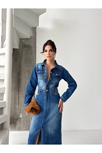 LUJJE Önden Yırtmaçlı Denim Elbise