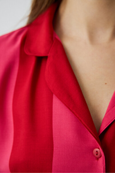 Penti Piros For You csíkos mintás ing galléros rövid ujjú pizsama szett rövidnadrággal