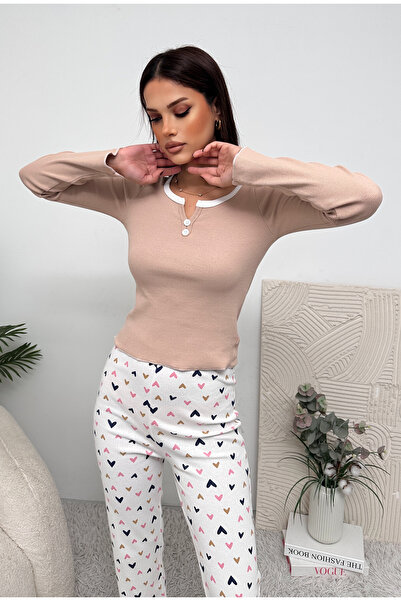 Biraltı Moda Long Sleeve Button Detailed Combed Cotton Women's Pajama Set