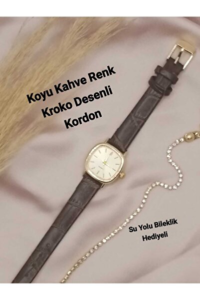 QUARTZ ساعة يد نسائية بتصميم ريترو مينيمال بلون بني داكن وحزام ذهبي مع سوار يد على شكل مسار مائي bb0021