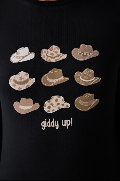 Penti Black Lana Slogan Printed Crew Neck Pajama Set