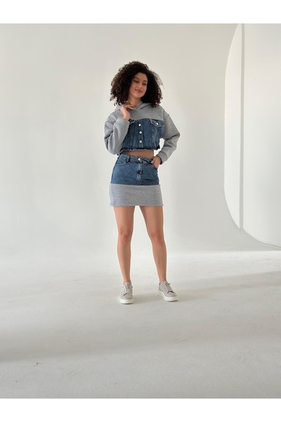 TİLLE Γυναικείο χειμερινό κοστούμι με επένδυση fleece κουκούλα και λεπτομέρεια τζιν με 3 κλωστές