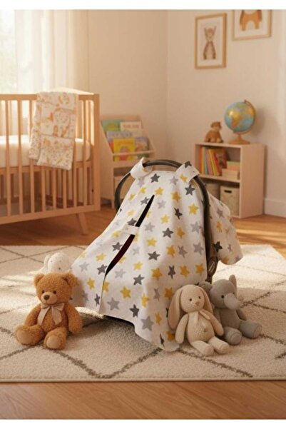 SerSev Bebek Puset Örtüsü Çift Katlı Astarlı Puset Örtüsü Sarı Yıldız Desenli...