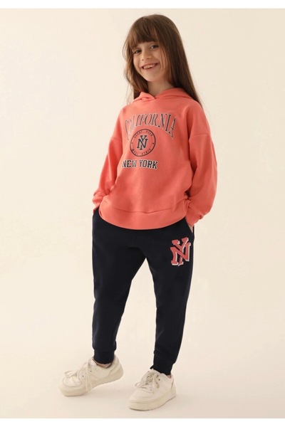 Rolypoly Kız Çocuk Alt Üst Eşofman Takımı Kapüşonlu Somon Renk 5-15 Yaş