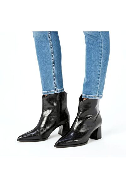 v.s.h velvet Kadın Klasik Kroko Sivri Burun Kalın Topuklu Yandan Fermuarlı Kadın Bot