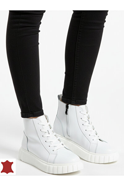 starlike Women's white genuine leather boots with zipper and laces