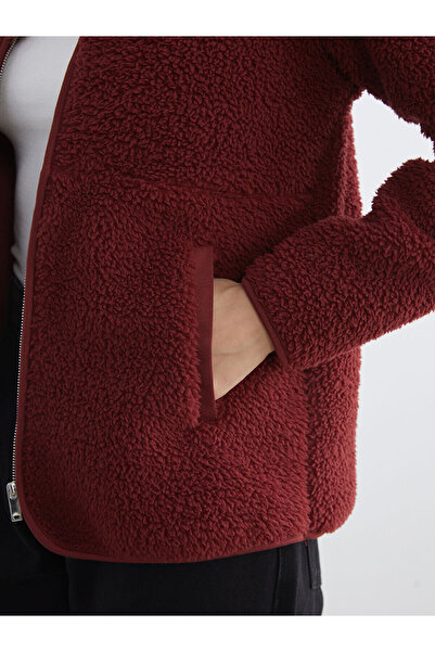 LC Waikiki Lcwaikiki Basic Burgundy Mock Neck Women's Plush Cardigan