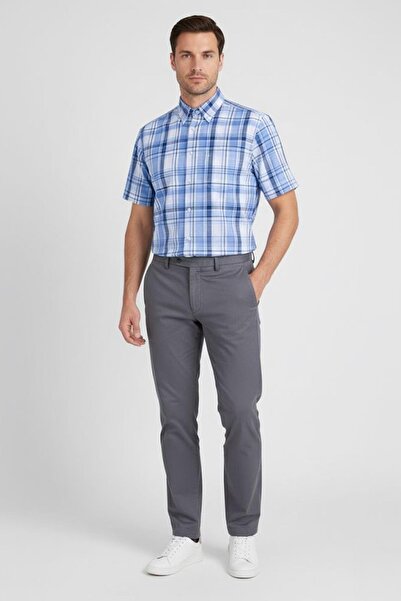 Sabri Özel Kısa Kollu Ekose Desenli Pamuk Gömlek Mavi