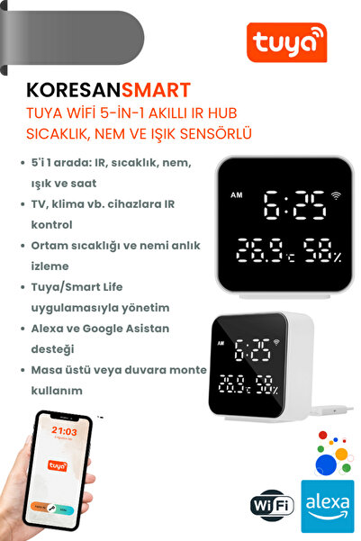 Tuya WiFi 5-in-1 Akıllı IR Hub – Sıcaklık, Nem ve Işık Sensörlü
