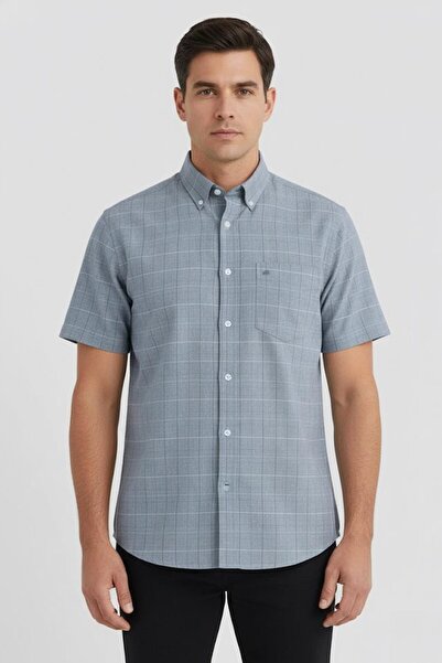 Sabri Özel Kısa Kollu Ekose Desenli Pamuk Erkek Gömlek Haki