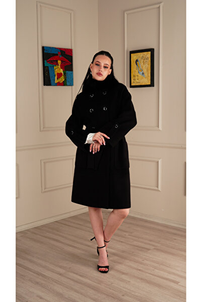 KENT Siyah Kürk Detaylı Kuşaklı Modern Uzun Kaban