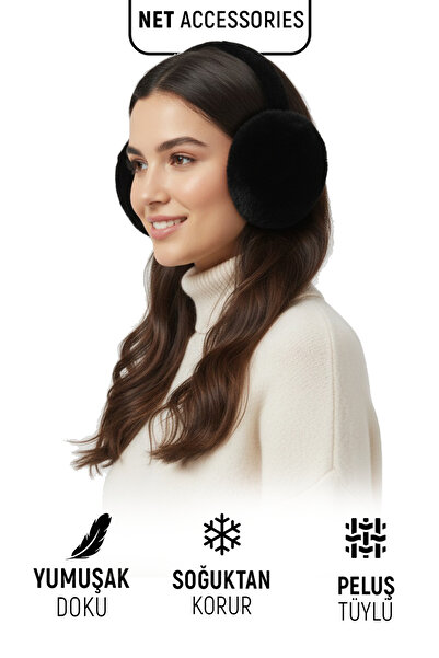 Net Tekstil Black Folding Plush Furry Warm Winter Earmuffs