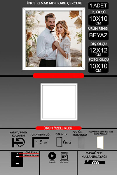 yhfoto 1 Buc 10X10 Cadru - Cadru cu șipci subțiri - Cadru alb - Cadru pătrat - Ramă foto