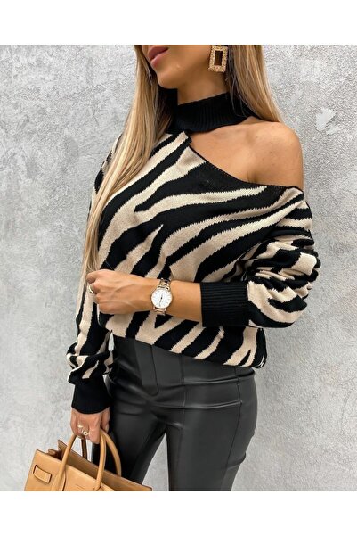 merlavin Pulover de damă cu dungi maro, cu modele, cu detaliu pe umeri