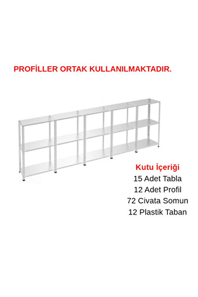 RafBurada 3 Katlı 5'li Galvaniz Çelik Raf - Depo, Arşiv, Kiler, Dosya, Market...