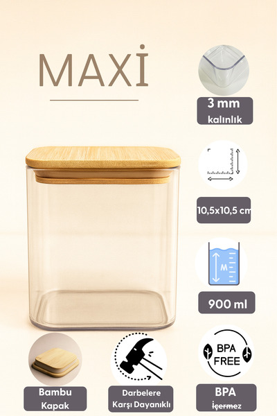Fhilli Maxi - 3-Piece Bamboo Vacuum Lid Plastic Grain Food Storage Container 900 ml