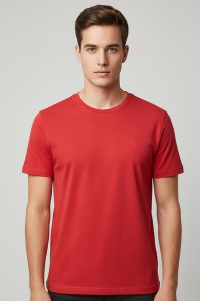 Sabri Özel BİSİKLET YAKA NAKIŞLI ERKEK T-SHIRT Nar Çiçeği