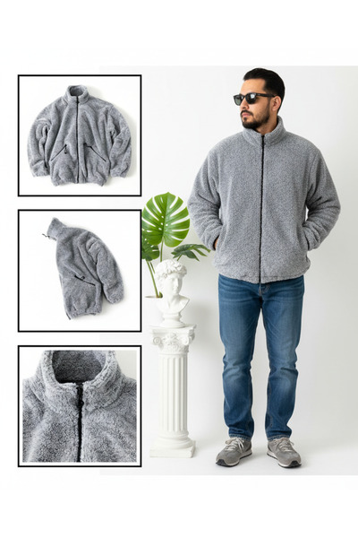 Fifty Color Gri Melanj Erkek Geniş Kesim Fermuarlı Kalın Pelüş Ceket