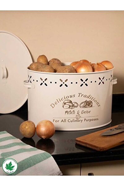 metalshop Büyük Boy Bölmeli Lüx Metal Patates Soğan Kovası Krem
