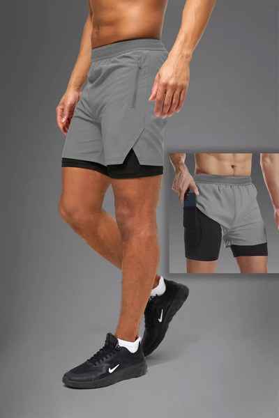 Man Of Man Unisex Gym Ve Fitness Astarlı Taytlı Şort / Gizli Cep Detaylı / Örme Lastikli