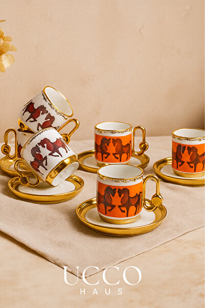 UCCO Gold Gilded 6-Piece 80 ml Porcelain Coffee Cup Set – Horse Motif Premium Series - Espresso Cup