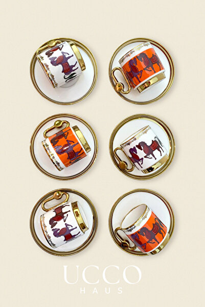 UCCO Gold Gilded 6-Piece 80 ml Porcelain Coffee Cup Set – Horse Motif Premium Series - Espresso Cup