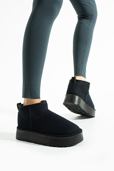Moda Devrin Čierne semišové čižmy s hrubou podrážkou a vlnenou podšívkou