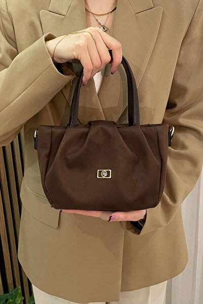 themoiss حقيبة يد فيباج بنية اللون من جلد النوبوك صغيرة الحجم ومبطنة بحزام طويل