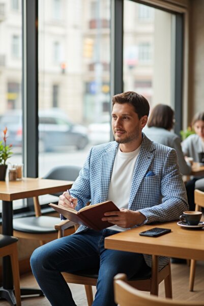 Frappoli Jachetă sport pentru bărbați, albastru, cu model din picior de găină, din țesătură elastică, cu guler mono