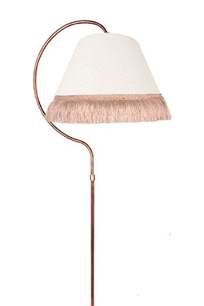 VENON Lambader Çise Elips Siyah Bakır Patine Abajur Krem Kumaş Şapka Püskül Pembe Salon Köşe Lambası