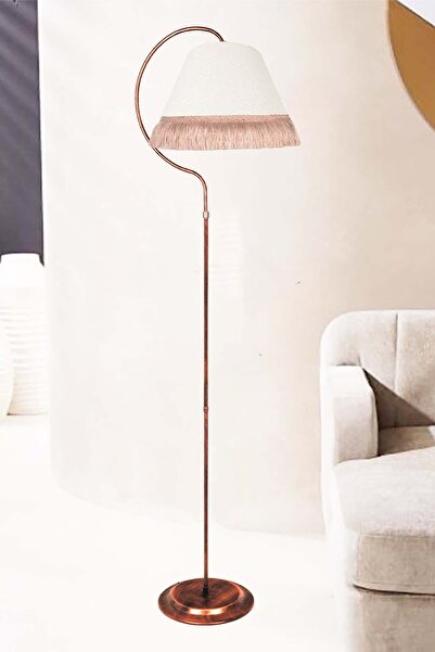 VENON Lambader Çise Elips Siyah Bakır Patine Abajur Krem Kumaş Şapka Püskül Pembe Salon Köşe Lambası