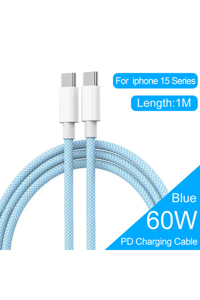 Choice كابل شاحن مضفر من النوع C إلى C بطول 1 متر أزرق، مزود بتقنية PD 60 وات...