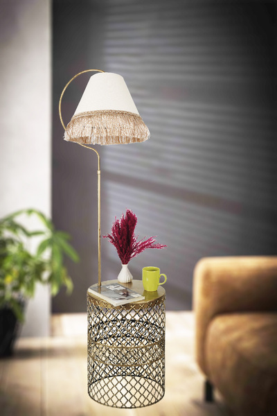 VENON Sehpalı Lambader Elips Siyah Sarı Patine ⭐️Krem Kumaş Şapka Sarı Püsküllü ⭐️Salon Köşe Lambader