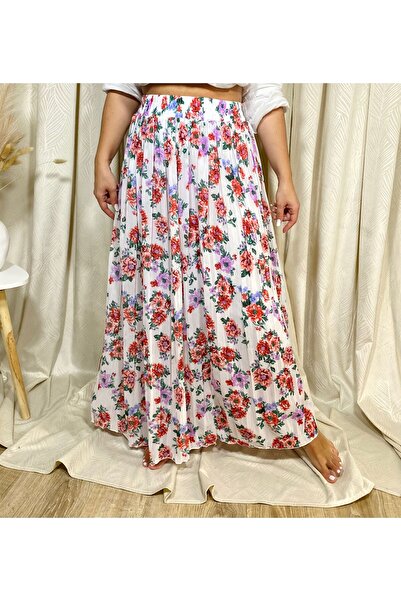 Intisimo Fustă plisată, lejeră, imprimeu floral, alb/roșu