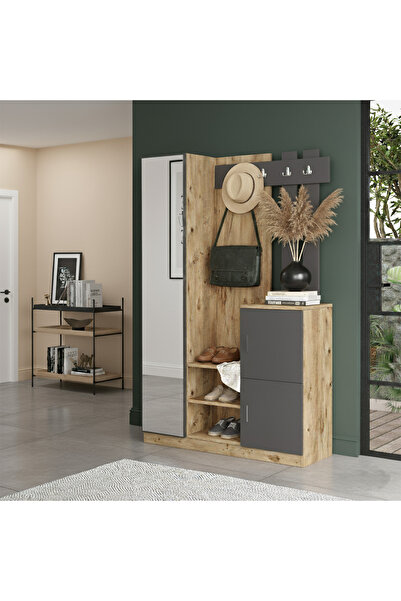 Yurupa Henley Aynalı Vestiyer Portmanto Ayakkabılık Raflı 3 Kapaklı Çam Antra...