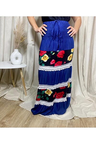 Intisimo Fustă lejeră, inserții de dantelă, trandafiri, roșu/galben