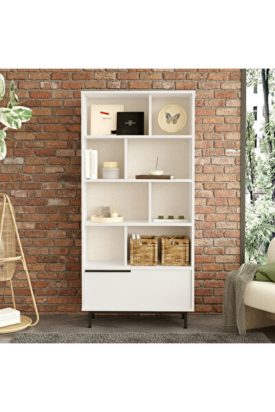 Yurupa Bohem Kitaplık Raf Metal Ayaklı 176cm Kapaklı Beyaz BOH4-W