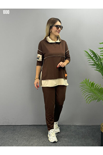 merysare Women's Hooded Skirt Hem Detail Two Thread Fabric Two-Piece Suit Bitter Brown