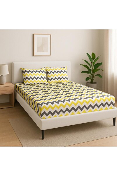 üntaş Life Double Elastic Sheet + 2 Pillowcases 160x200 Yellow Gray Ecsrızigzag14