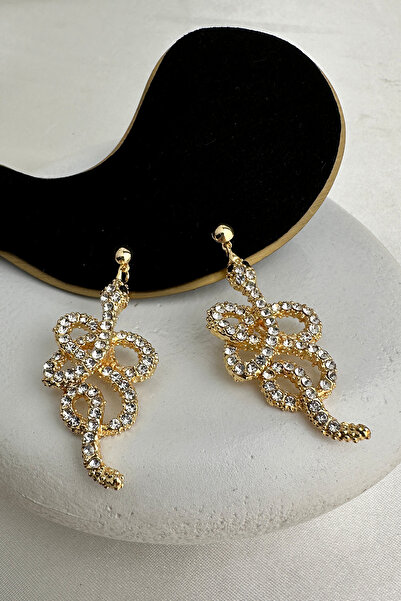 Modex Altın Sarısı Yılan Figürlü Taşlı Küpe (6CM)