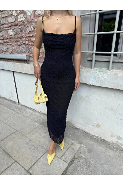 VİSKALİ Askılı Dantelli Uzun Siyah Astarlı Elbise