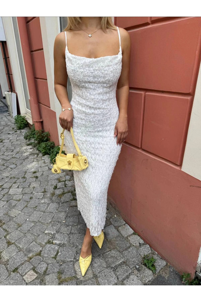 VİSKALİ Askılı Dantelli Uzun Beyaz Astarlı Elbise