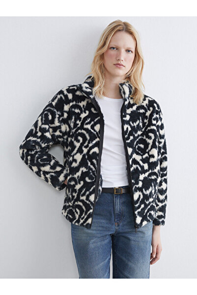 LC Waikiki Lcwaikiki Basic Black Mock Neck Patterned Women's Plush Cardigan