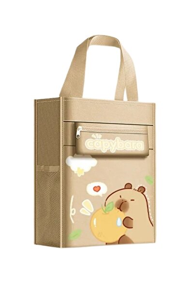 Ecrou Cute Capybara Printed Waterproof Fabric, Large Capacity Beige Cloth Bag
