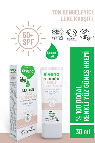 Siveno %100 Doğal Yüz Güneş Kremi Renkli Ton Eşitleyici Leke Karşıtı UVA UVB SPF 50+ 30 ml